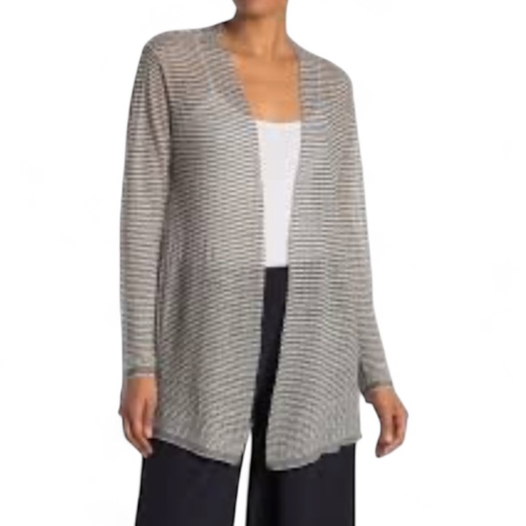 Eileen Fisher Fine Organic Linen Crepe Knit Simple Striped Cardigan Sweater Sz M - Picture 1 of 11